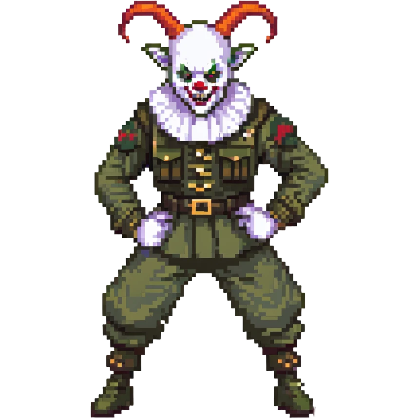 evil clown soldier, bald, short goat horns on forehead, fangs, pointed ears, black and military green clothes, fighting stance emoji