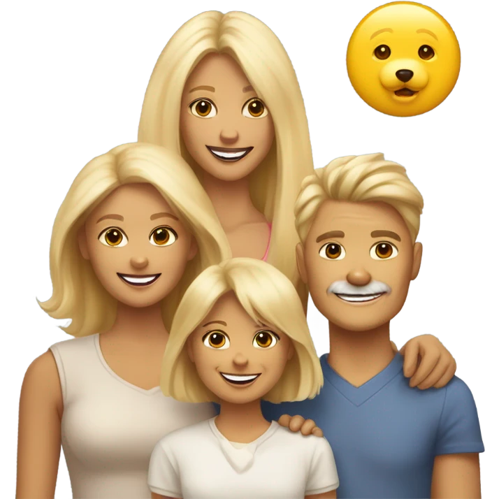 A family consisting of a smiling mother with blonde hair, a 20-year-old daughter, a fluffy beige Pomeranian dog and a yellow Pincher dog emoji
