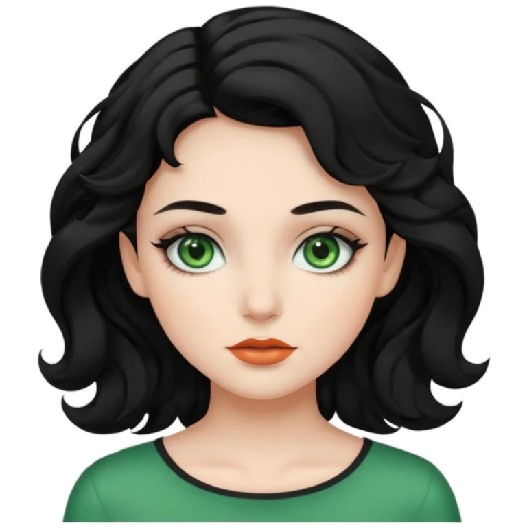 A girl with green eyes, black wavy hair with clean girl make up emoji