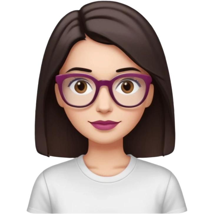 White woman with long straight dark brown hair, divides in the middle, dark Brown eyes, light tortoiseshell framed glasses (no pink colour). The lips have soft dark old pink coloured lipstick, and lith smile (no teeth showing). No pink make-up in the eyes. The t-shirt is White. emoji