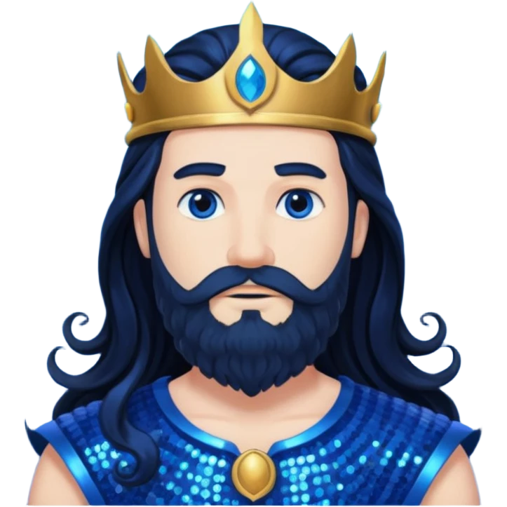 Neptune, King of the Sea from Gods and Goddesses with long black hair and beard, cobalt blue sequin outfit emoji
