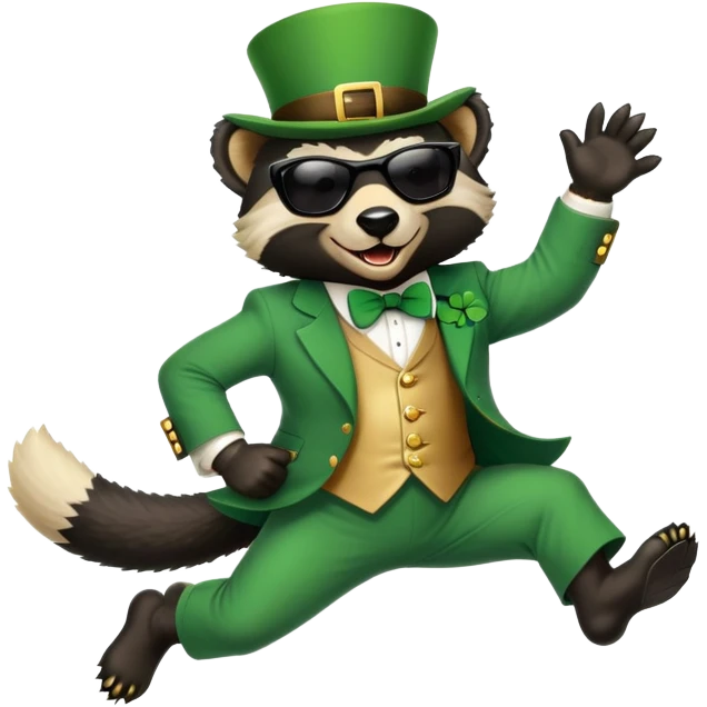 friendly anthropomorphised honey badger in a classic leprechaun suit with shamrock accessories, wearing sunglasses, jumping, St. Patrick's Day, no beer emoji