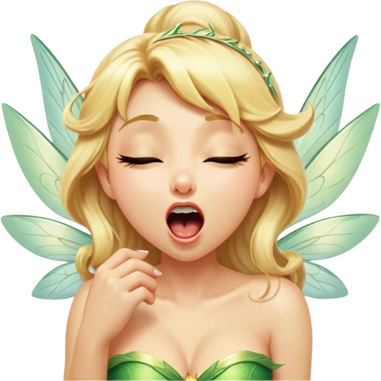 Cinematic Realistic Blonde Tinker Bell Fairy Portrait, head tilted slightly with a dramatic, wide-open yawn, revealing a tender, drowsy visage with intricately detailed golden blonde hair and softly shimmering wings gently drooping. Her sleepy, sparkling eyes exude a dreamy, ethereal charm, while the soft natural light and high shine emphasize every delicate detail—capturing the essence of an enchanting fairy drifting into a magical slumber. emoji