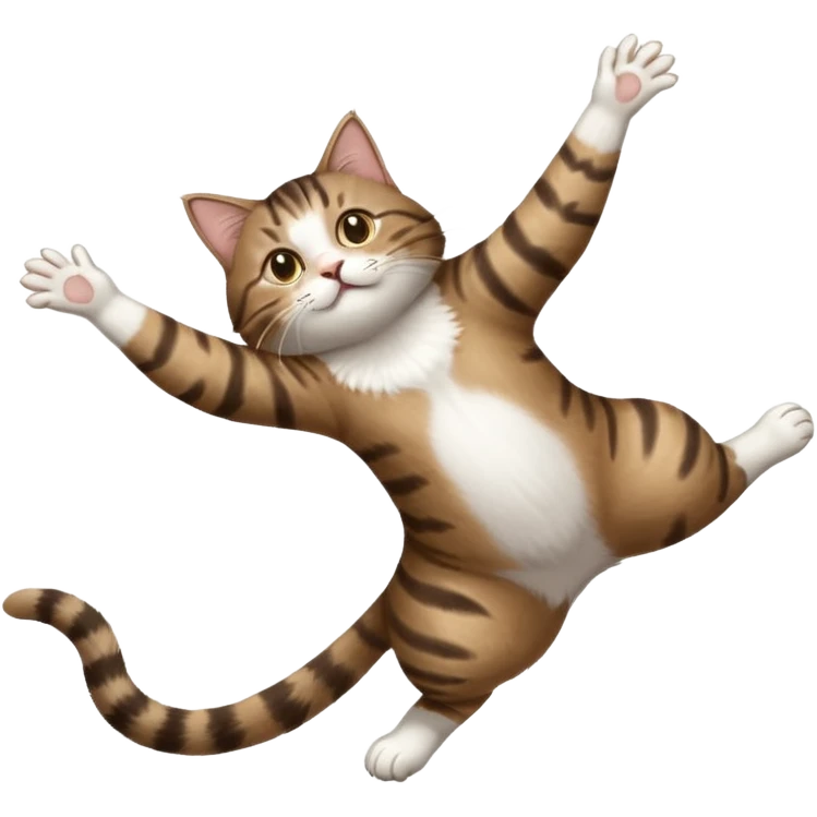 dark brown tabby and white cat with doing a big extremely long stretch reaching up into the air with arms and legs side by side together straight and overextended whilst lying on its side emoji