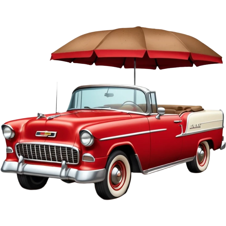 1955 Chevrolet Bel Air Convertible, Red-White color, with a bucket of brown mud pouring down on it, and the car itself is covered in brown mud on all sides, the doors, bumper, hood and wheels are covered in brown mud. 32x32 pixels, aspect ratio: 1:1 emoji