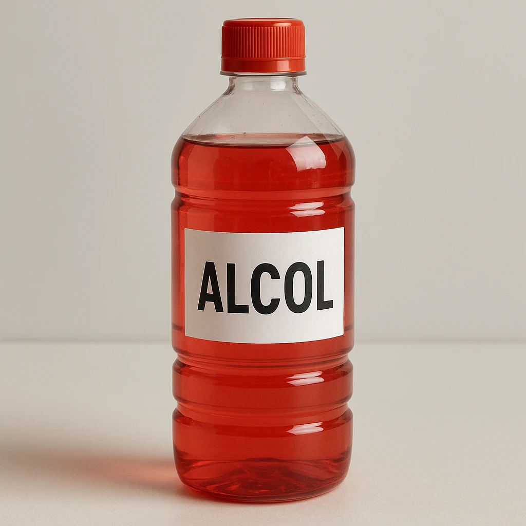 photo realistic bottle of denatured alcohol with label 'alcol' in Italian emoji