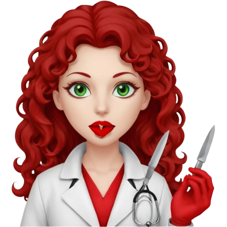 Lilith symbol sexy evil woman. She has green eyes.  had brown long curly hair.  evil surgeon kills with scalpel wears red sexy doctor coat with red mouth cover red gloves. Covers nose, neck  and mouth with red face berka emoji