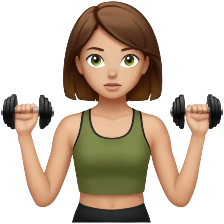 Girl with green eyes, brown hair that goes to her elbows, light skin, and freckles wearing an olive green crop top with black leggings working out, she has light gorgeous lashes emoji