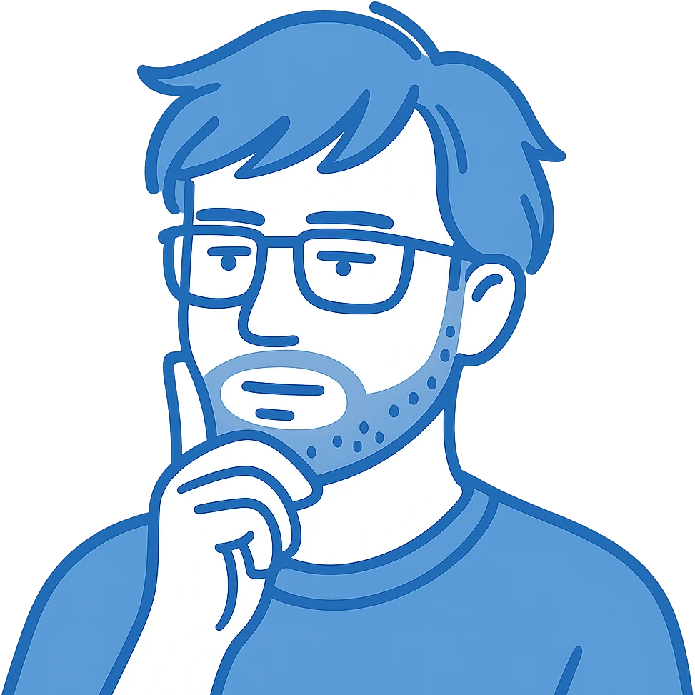 A thoughtful man with rectangular glasses, messy longer hair with side-swept bangs, a round-shaped face but not chubby, a slightly wider nose, and a neat short beard. All line work in blue tones instead of black. emoji