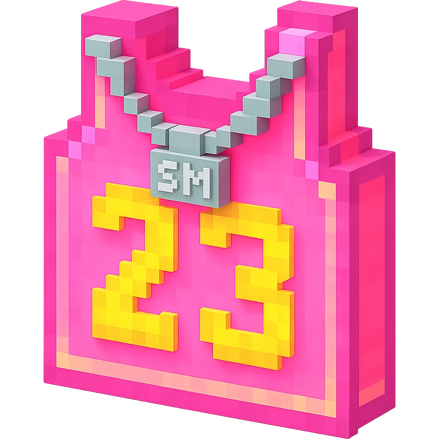 светящейся розовая баскетбольная майка с надписью "23" и серебряная цепь с надписью "SM", no background emoji