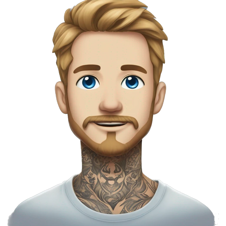 Man with Light brown hair, neck tattoos, arm tattoos, mustache and beard, blue eyes, silver nose piercing hoop, black anime graphic tee emoji