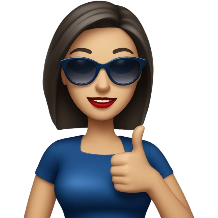 
brunette in dark blue sunglasses, with red lips and in a dark blue dress shows a thumbs up emoji