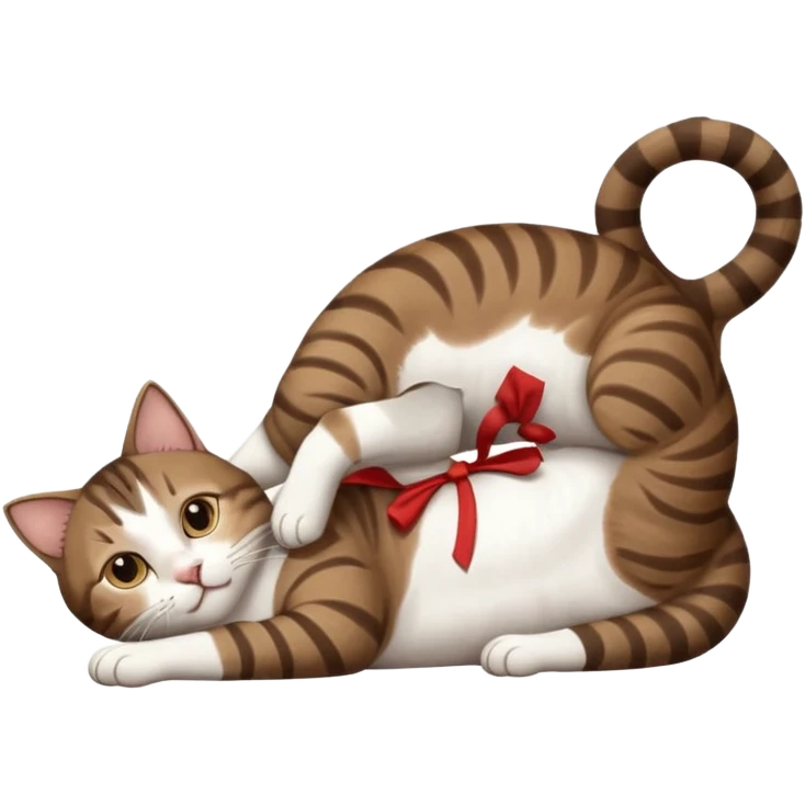 dark brown tabby and white cat with doing a big extremely long stretch reaching up into the air with arms and legs side by side together straight and overextended whilst lying on its side emoji