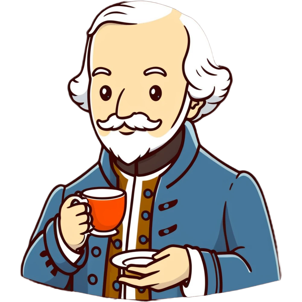 Adam Smith with a scholarly appearance, beard, 18th century attire, enjoying a cup of tea emoji