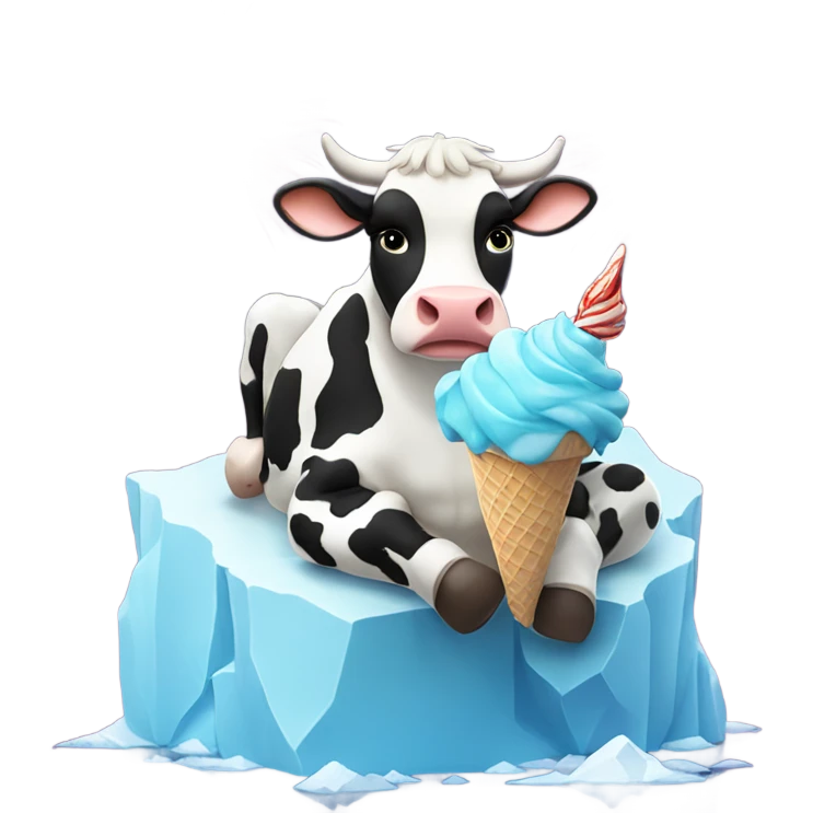 Cow eating ice cream while sitting on an iceberg with fireworks  emoji