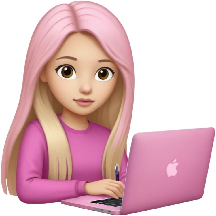 Chica lacia peli larga en una MacBook rosa investigando y haciendo tareas con un libro de apuntes y con cara muy linda como modelo emoji