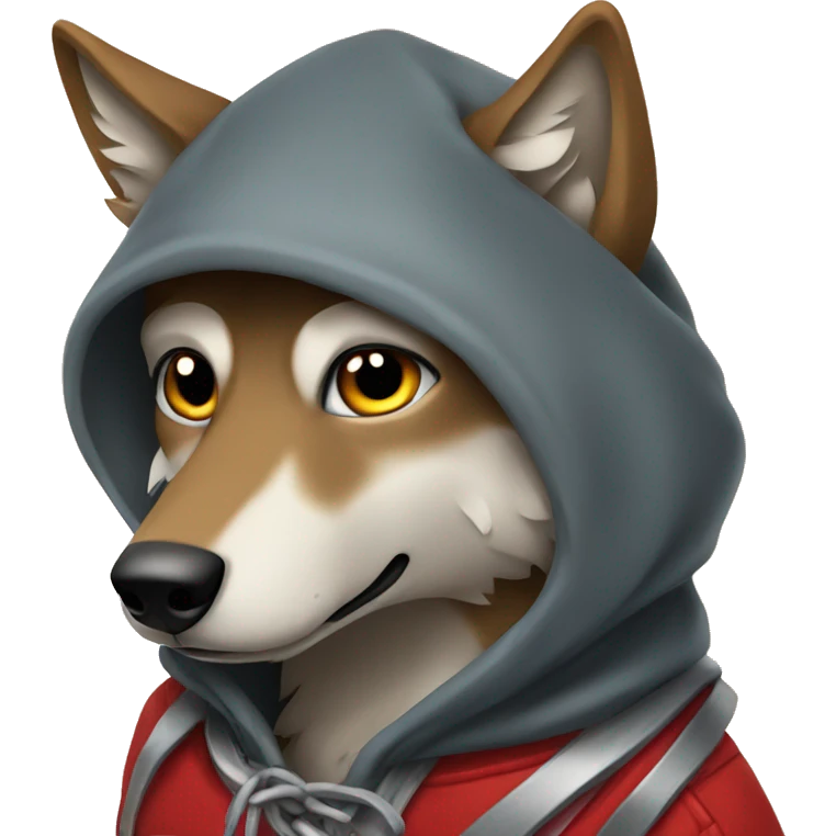 Wolf wearing a red bandana around its neck and a hoodie emoji