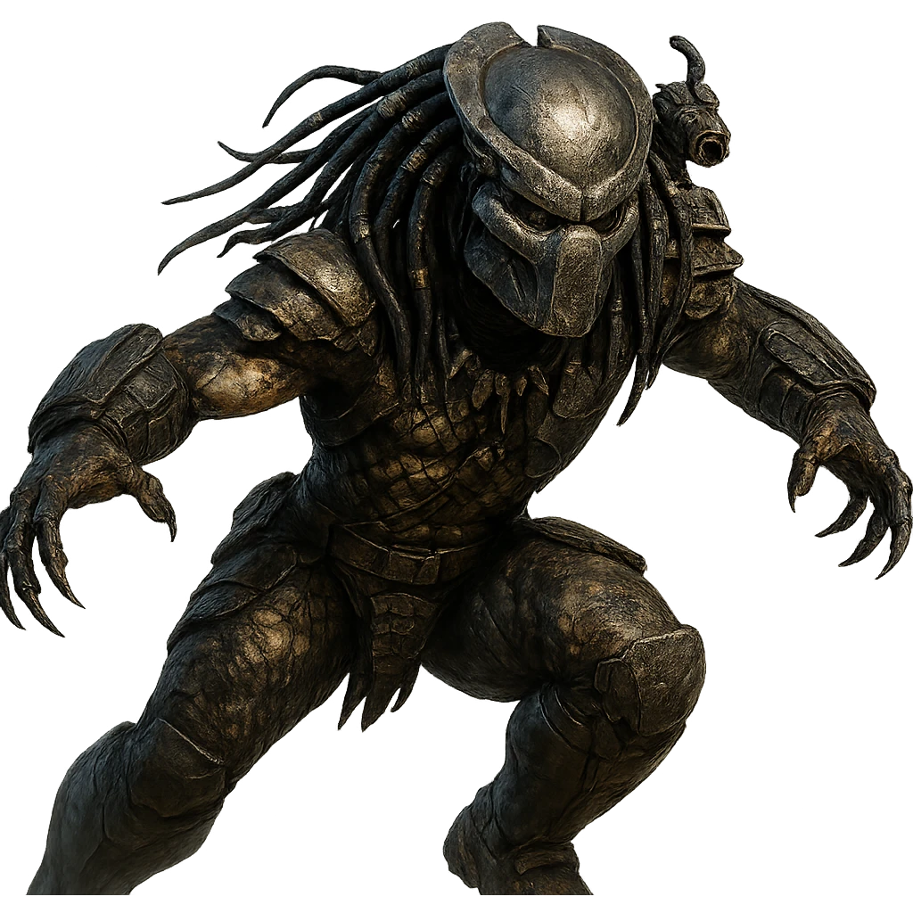 Predator, sci-fi alien hunter, menacing, detailed mask, dreadlocks, armor, dynamic pose, highly detailed, realistic style emoji