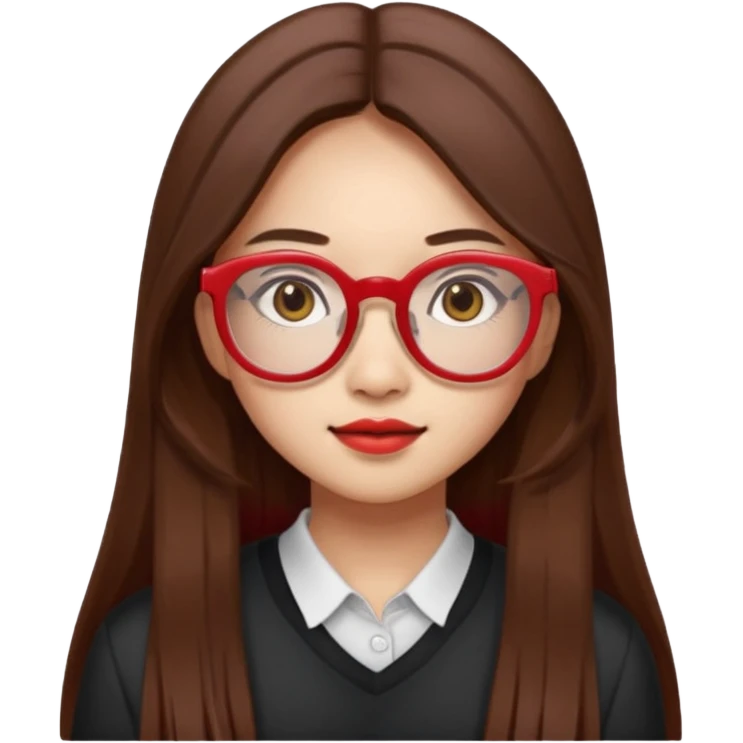 20 yr old asian woman, straight thick long brown hair, middle part, big red glasses, brown eyes emoji