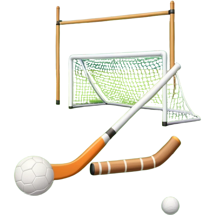 A field hockey stick and ball resting on a well-maintained grass field, with the goalposts and markings visible in the background. The scene highlights the precision and focus of the sport, with the vibrant green pitch creating a dynamic atmosphere. emoji
