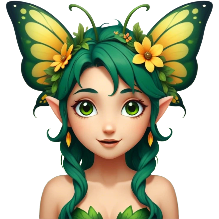 Cinematic Realistic Forest Fairy Portrait, head tilted dramatically with an exaggeratedly amused expression, featuring a striking, nature-infused form with glowing, sun-kissed tanned skin and vividly detailed dark green hair adorned with floral accents. Her expressive eyes brim with playful forest mischief, rendered with vibrant, lifelike textures and dynamic dappled lighting that conveys a spirited, over‐the‐top woodland whimsy showing her large butterfly wings from her back. emoji