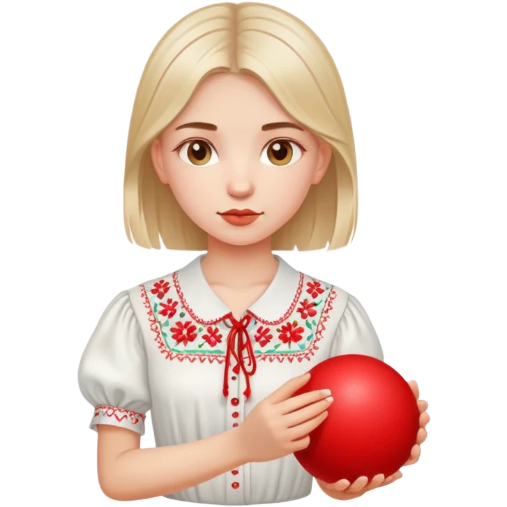 Ukrainian young girl in a white embroidered shirt holds a red ball of thread in her hand emoji
