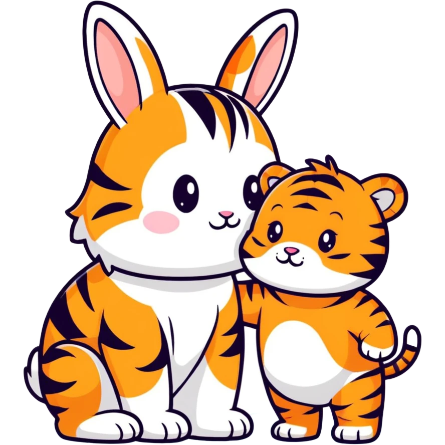 White baby bunny standing next to baby tiger emoji