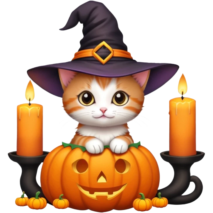 An orange and black kitten with a tiny witch hat, a pumpkin by its side, surrounded by candles, bats, and magical sparkles. emoji