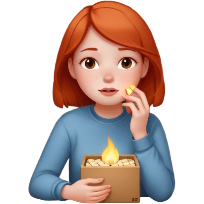 A fragile girl sitting beside a wall, clutching a box of matches, lighting one to warm her cold rosy cheeks.
 emoji