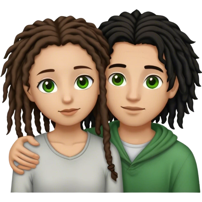 couple holding eachother. the boy is light skinned, short brown dreads, and green eyes. the girl is light skinned, long curly black hair, and brown eyes. emoji