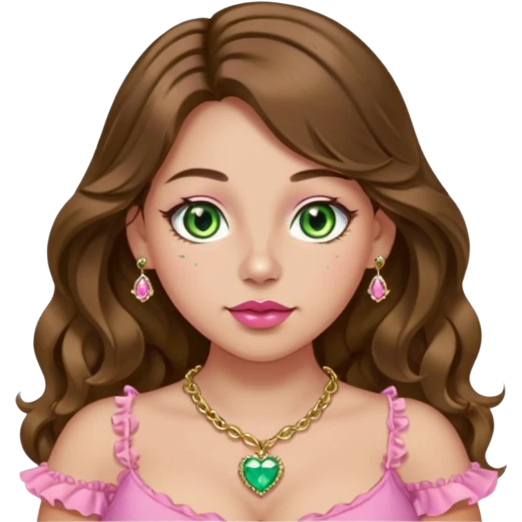 Girl girl with long wavy brown hair with middle part, green gold eyes, plus size, pink frilly top, right nostril gold nose ring, small pink heart crystal necklace  emoji