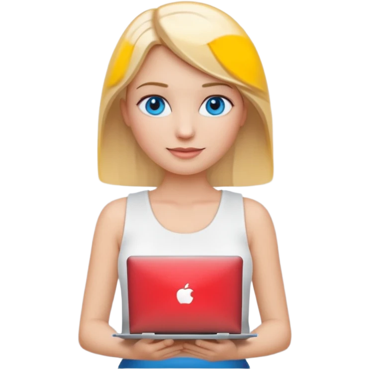 3D Apple-style emoji of a blonde woman with bright blue eyes,
wearing a white sleeveless top,
holding a silver laptop,
clean white background, smooth rounded design
 emoji