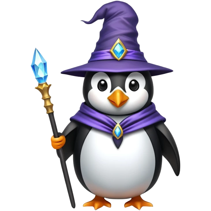 penguin dressed as a wizard with magical staff and pointy hat emoji
