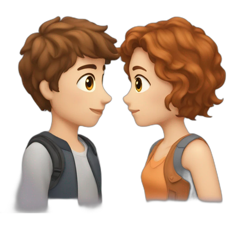 a auburn short haired boy and brown long haired girl kissed emoji