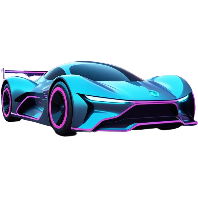 A futuristic racing car with glowing neon lights, sleek aerodynamic design, and a cyberpunk cityscape in the background. The car is speeding through a neon-lit street with high-tech buildings and holograms." emoji