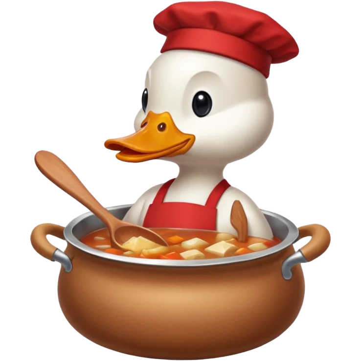 A duck wearing red apron stirring soup in a small pot, looking very focused. emoji