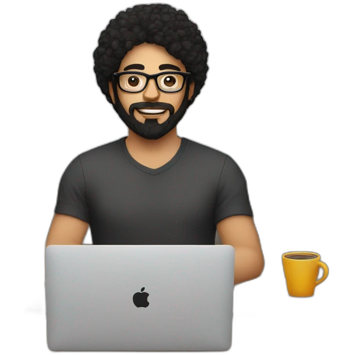 Designer with black hair, beard and glasses working with MacBook and drinking cappuccino  emoji