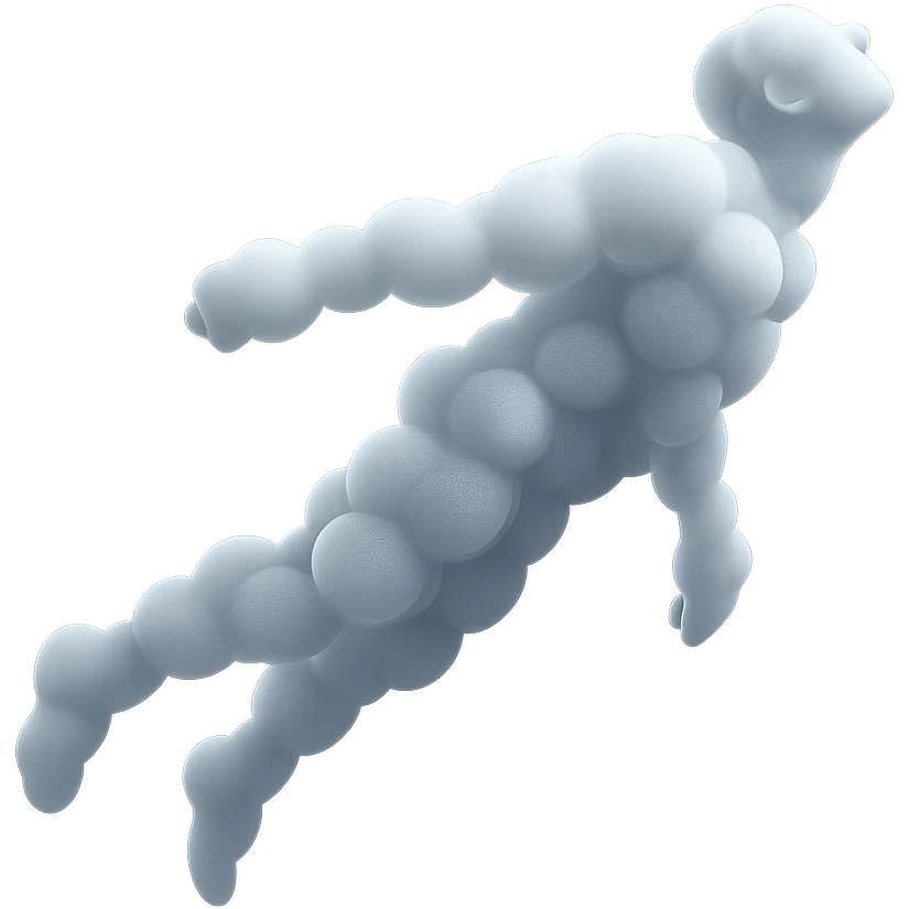 side view of unconscious person flying upwards by torso, legs and arms downwards, made of small very bright white fluffy convex clouds, matte glass style emoji