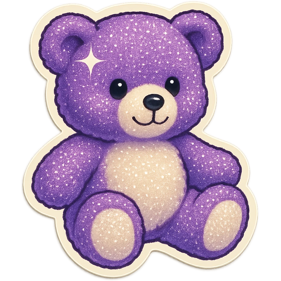 Add a glitter effect to the purple and white teddy bear's fur, keep it soft and plush, no shadows, flat lighting, no background. emoji