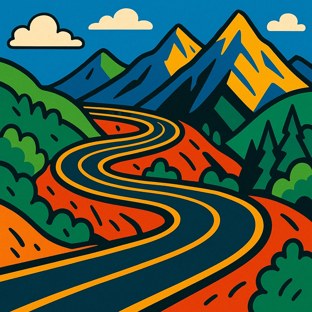 a winding mountain road with sharp curves, vibrant cartoon style emoji