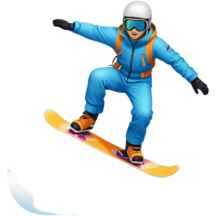 An icon showing a snowboarder performing an exciting jump on a snow-covered slope. The background features towering mountains, snow-covered trees, and a bright, clear sky. Transparent background highlights the speed, agility, and thrill of snowboarding. emoji