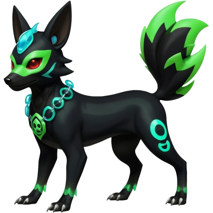 Hyper realistic slim black and neon green futuristic shiny colorful bioluminescent cyber-Poochyena-Zorua-Litten-Houndoom-Fakémon-Pokémon-Digimon-hybrid-fusion (full body) with a skull-mask-face emoji