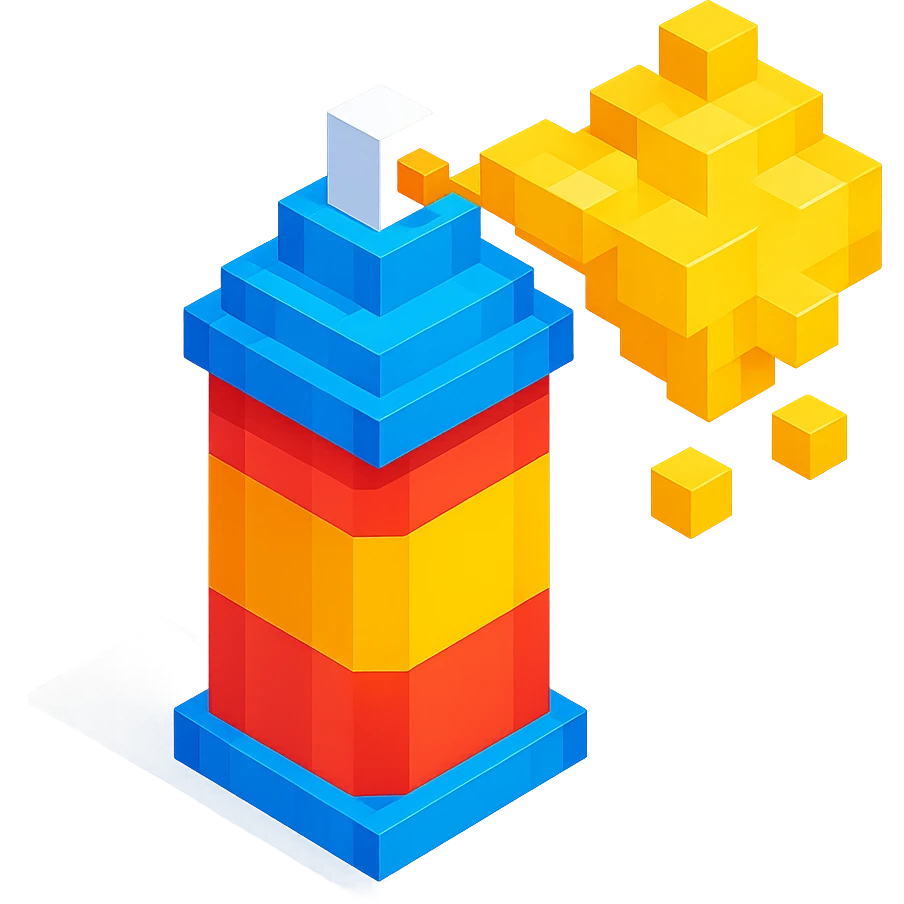voxel style spray paint can with gold paint, spray coming out, isometric view emoji