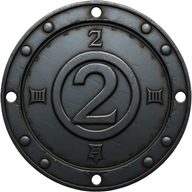 Minimal emoji, gothic metal coin made of black steel, engraved number 2 at the center, ancient industrial aesthetic, worn metal texture, no glow, no neon, flat emoji design, centered, transparent background emoji