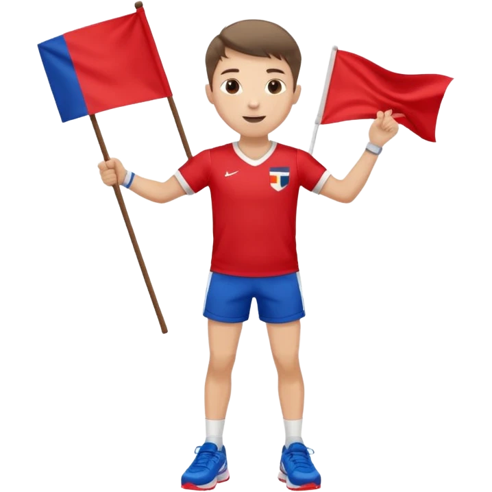 A boy in a jersey, excitedly lifting a small handheld flag and shorts with simple sport shoes emoji