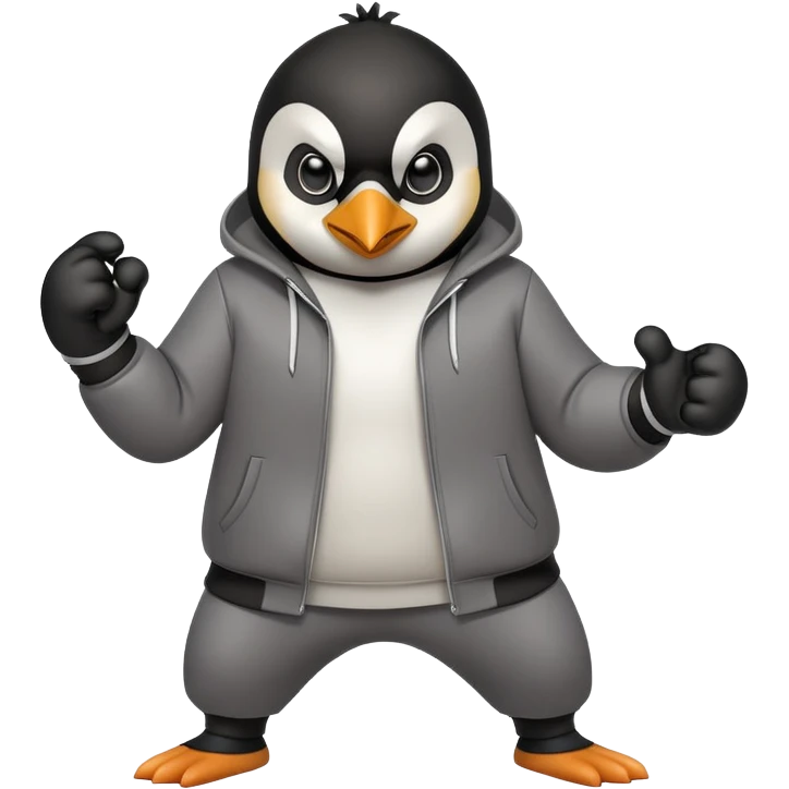 friendly anthropomorphised penguin wearing a mafia-style tracksuit, secretive scheming pose, soprano vibe, angry expression, running aggressively, holding a knuckle duster emoji