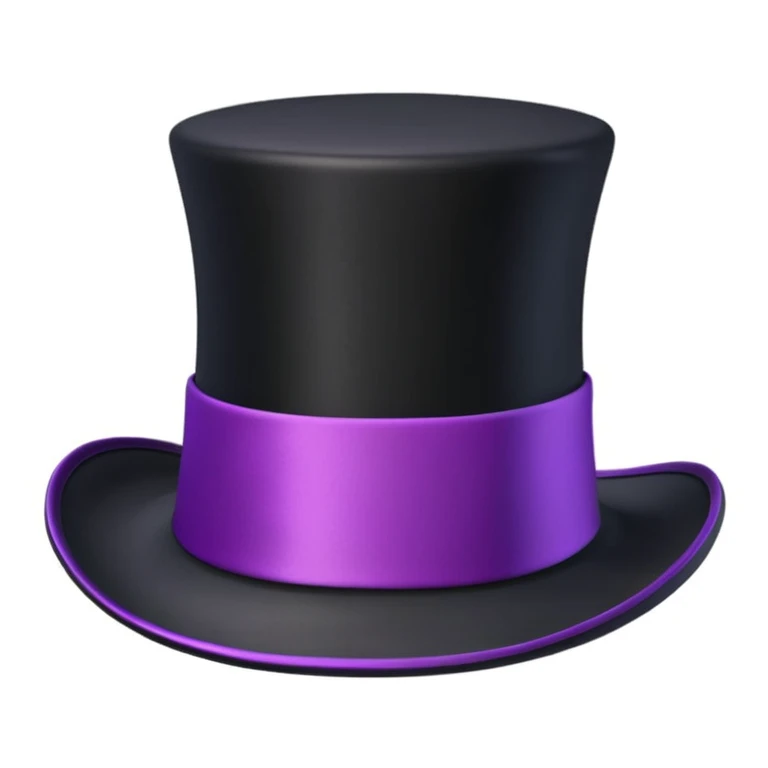 3D apple-style emoji of a tall vintage black top hat with a wide brim and a bright purple ribbon, smooth slightly glossy surface, simplified shapes, cartoon-like look, soft shadows, white background emoji