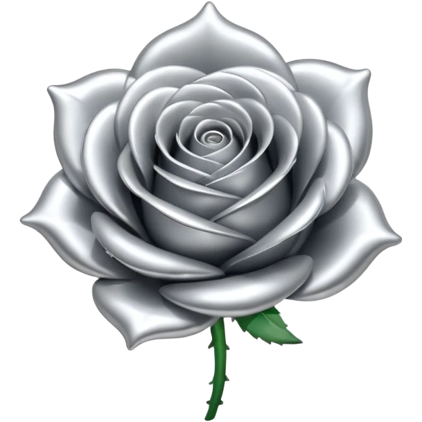 A rose emoji made of liquid silver metal, smooth metallic petals, reflective chrome surface, soft gradients, elegant shape, minimalistic iOS emoji style, centered, clean white background, realistic highlights, no text emoji
