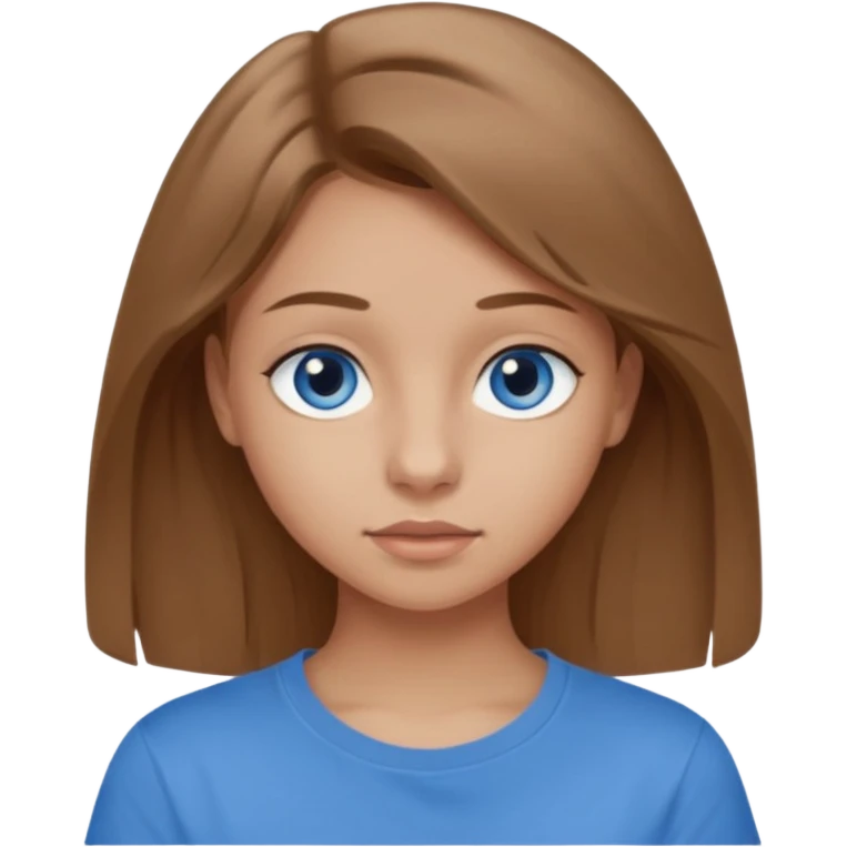 A 16-year-old girl with long, light brown hair and blue eyes. She also has slightly tanned skin, a small nose, and average-sized lips (though her lower lip is slightly larger than her upper lip). She's wearing a taupe T-shirt with a round neck.  emoji