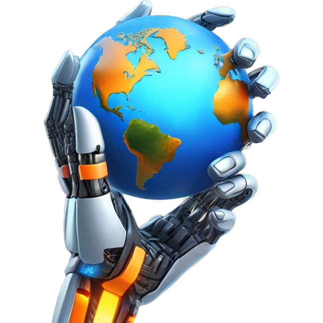 "Earth held by a futuristic robotic hand, glowing with blue and orange digital lines, with a high-tech and futuristic atmosphere." emoji